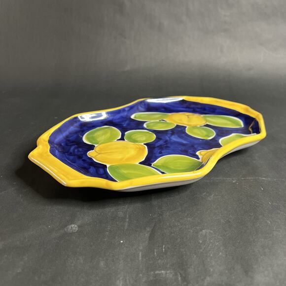 Ceramica Artistica Italy Handled Cake Plate – Lemons on Blue with Yellow Trim - Picture 5 of 8